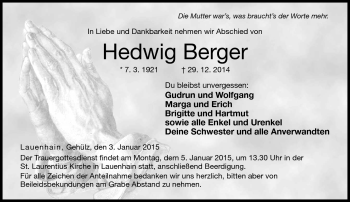 Traueranzeige von Hedwig Berger von Neue Presse Coburg