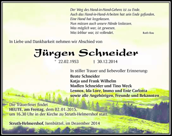 Traueranzeige von Schneider Jürgen von Südthüringer Presse