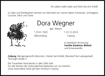 Traueranzeige von Dora Wegner von Neue Presse Coburg