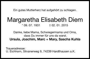 Traueranzeige von Margaretha Elisabeth Diem von Neue Presse Coburg