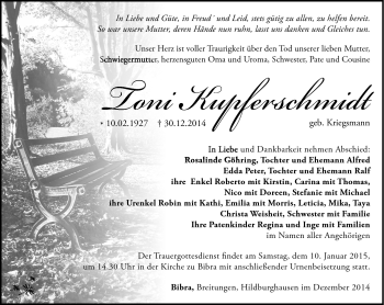 Traueranzeige von Toni Kupferschmidt von Südthüringer Presse