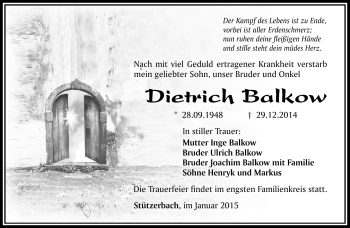 Traueranzeige von Dietrich Balkow von Südthüringer Presse