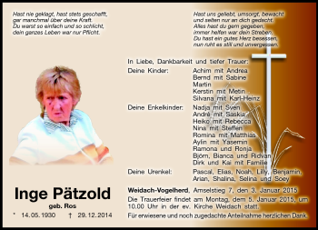 Traueranzeige von Inge Pätzold von Neue Presse Coburg