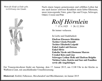 Traueranzeige von Rolf Hörnlein von Südthüringer Presse