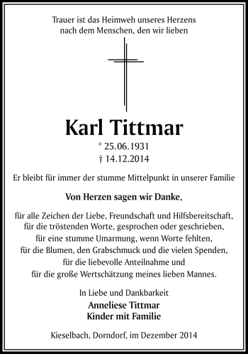 Traueranzeige von Karl Tittmar von Südthüringer Presse