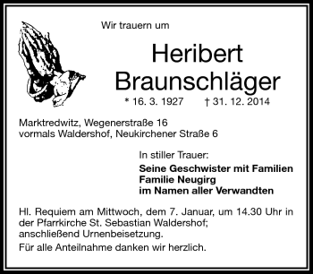 Traueranzeige von Heribert Braunschläger von Frankenpost