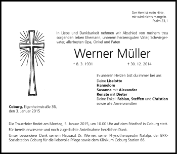 Traueranzeige von Werner Müller von Neue Presse Coburg