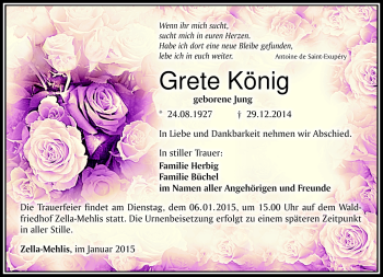 Traueranzeige von Grete König von Südthüringer Presse