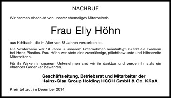 Traueranzeige von Elly Höhn von Neue Presse Coburg