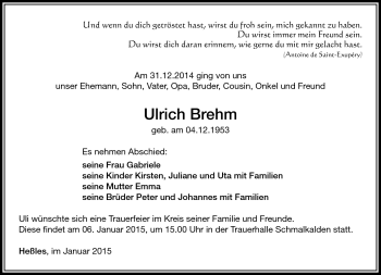Traueranzeige von Ulrich Brehm von Südthüringer Presse