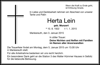 Traueranzeige von Herta Lein von Frankenpost