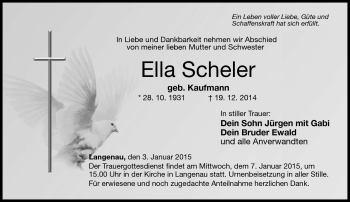 Traueranzeige von Ella Scheler von Neue Presse Coburg