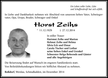 Traueranzeige von Horst Zeihs von Südthüringer Presse