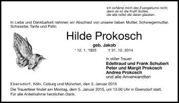 Traueranzeige von Hilde Prokosch von Neue Presse Coburg