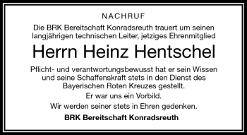 Traueranzeige von Heinz Hentschel von Frankenpost