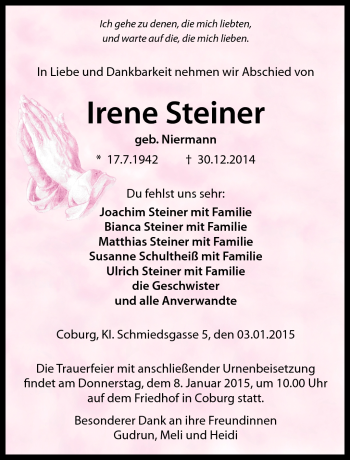 Traueranzeige von Irene Steiner von Neue Presse Coburg