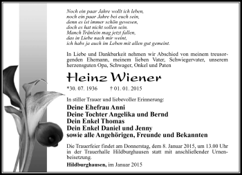 Traueranzeige von Heinz Wiener von Südthüringer Presse