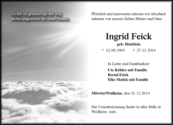 Traueranzeige von Ingrid Feick von Neue Presse Coburg