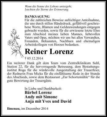 Traueranzeige von Reiner Lorenz von Südthüringer Presse