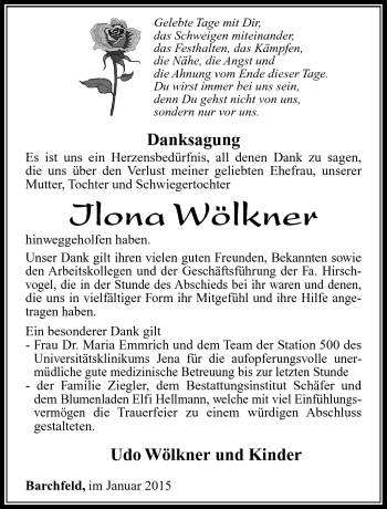 Traueranzeige von Ilona Wölkner von Südthüringer Presse