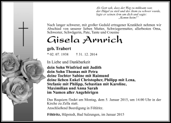 Traueranzeige von Gisela Arnrich von Südthüringer Presse