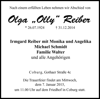 Traueranzeige von Olga Reiber von Neue Presse Coburg