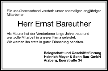 Traueranzeige von Ernst Bareuther von Frankenpost