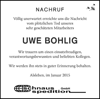Traueranzeige von Bohlig Uwe von Südthüringer Presse