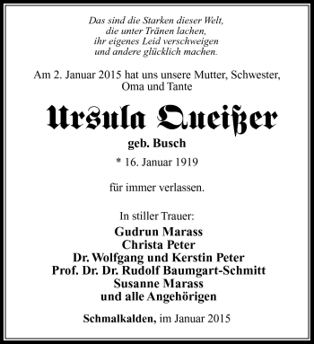 Traueranzeige von Ursula Queißer von Südthüringer Presse