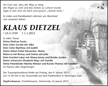 Traueranzeige von Klaus Dietzel von Südthüringer Presse