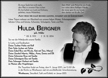 Traueranzeige von Hulda Bergner von Südthüringer Presse