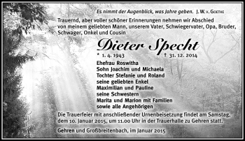 Traueranzeige von Dieter Specht von Südthüringer Presse