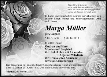 Traueranzeige von Marga Müller von Südthüringer Presse