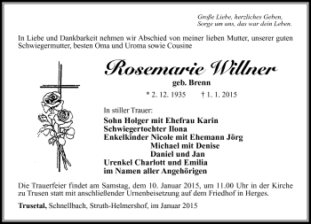 Traueranzeige von Rosemarie Willner von Südthüringer Presse