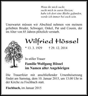 Traueranzeige von Wilfried Hössel von Südthüringer Presse