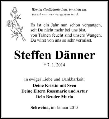Traueranzeige von Steffen Dänner von Südthüringer Presse