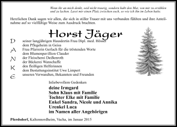 Traueranzeige von Horst Jäger von Südthüringer Presse