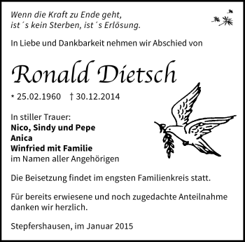 Traueranzeige von Roland Dietsch von Südthüringer Presse