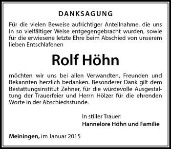 Traueranzeige von Rolf Höhn von Südthüringer Presse