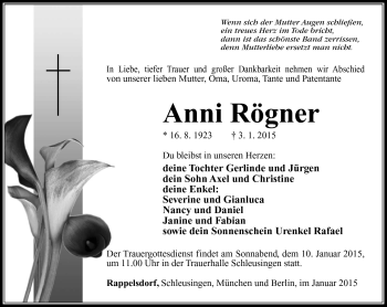 Traueranzeige von Anni Rögner von Südthüringer Presse