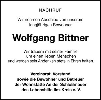 Traueranzeige von Wolfgang Bittner von Südthüringer Presse