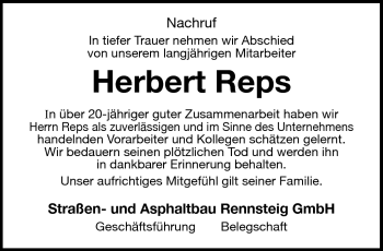 Traueranzeige von Herbert Reps von Südthüringer Presse