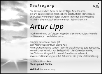 Traueranzeige von Artur Lipp von Südthüringer Presse