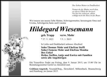 Traueranzeige von Hildegard Wiesemann von Südthüringer Presse