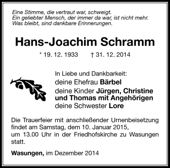 Traueranzeige von Hans-Joachim Schramm von Südthüringer Presse