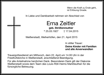 Traueranzeige von Erna Zeitler von Frankenpost