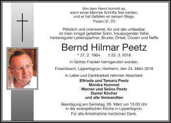 Traueranzeige von Bernd Hilmar Peetz von Frankenpost