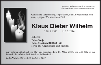 Traueranzeige von Klaus Dieter Wilhelm von Südthüringer Presse