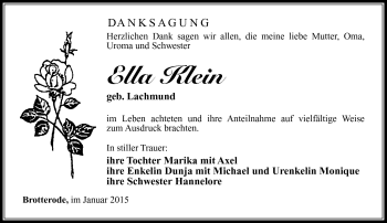 Traueranzeige von Ella Klein von Südthüringer Presse