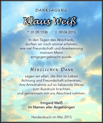 Traueranzeige von Weiß Klaus von Südthüringer Presse